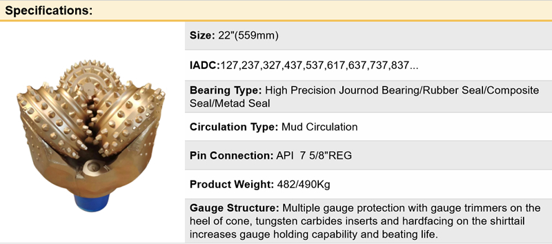 Precision-Engineered 22”Tricone Bit for Well Drilling