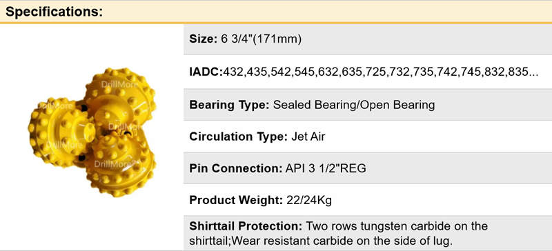 Efficient Tricone Bit For Mining Drill Size 6 3/4” IADC435,545,635,745...
